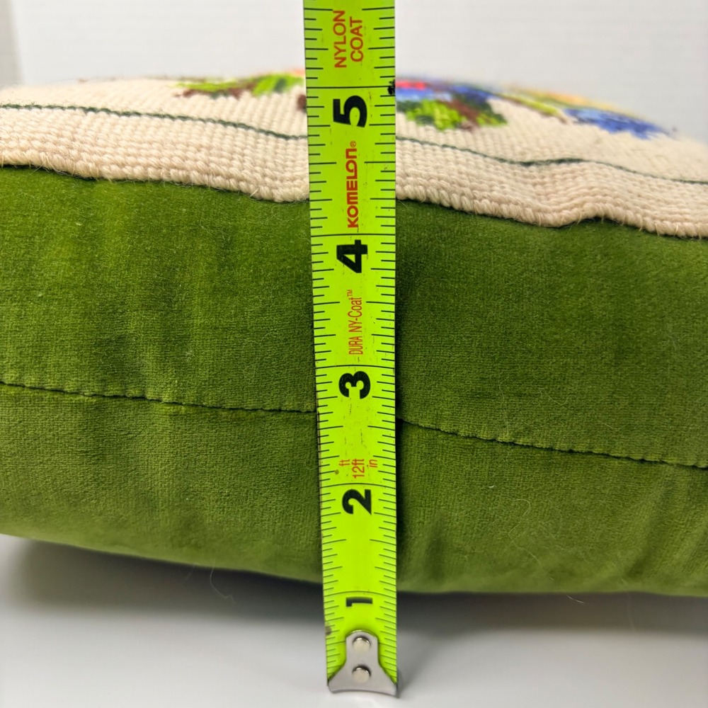 Vtg Floral Needlepoint Pillow Green Velvet Tassels Handmade Boho Cottagecore 70s - Picture 6 of 6